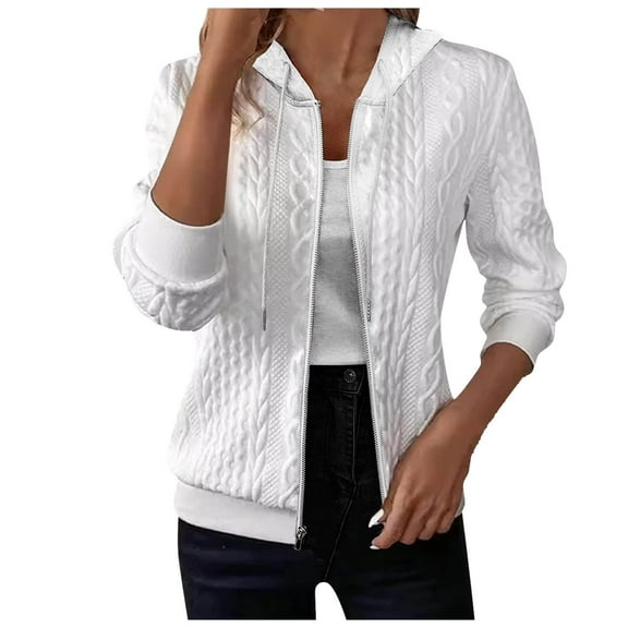 felwors Zip Up Cardigan Sweater for Women Cable Knit Hoodie Long Sleeve Jacket Oversized Outwear Drawstring Sweatshirts White, S