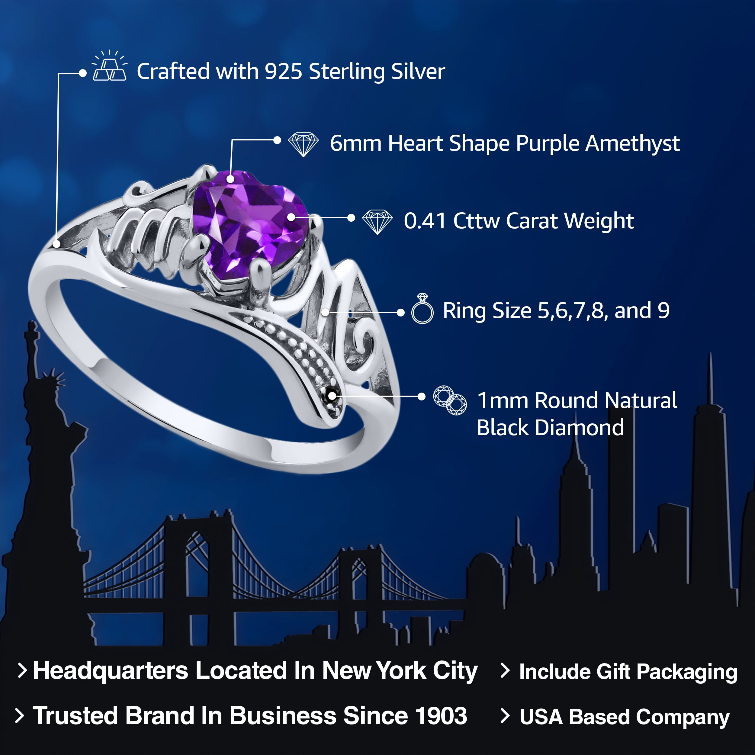 Gem Stone King 925 Sterling Silver Heart Shape Mothers Day Purple Amethyst & Black Diamond Mom Women Ring | 0.41 Cttw | Gemstone Birthstone | Size 5,6,7,8,9