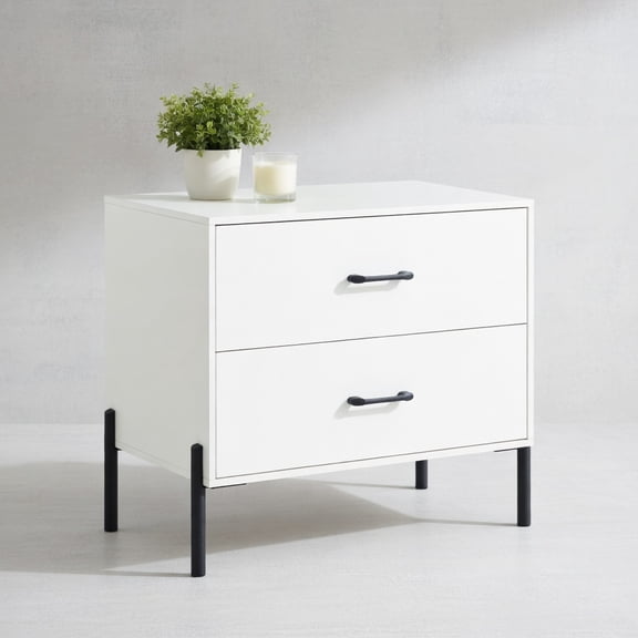 Resenkos Modern Wooden 2 Drawer Nightstand with Metal Legs and Handles, Minimalist Bedside Table for Bedroom, White