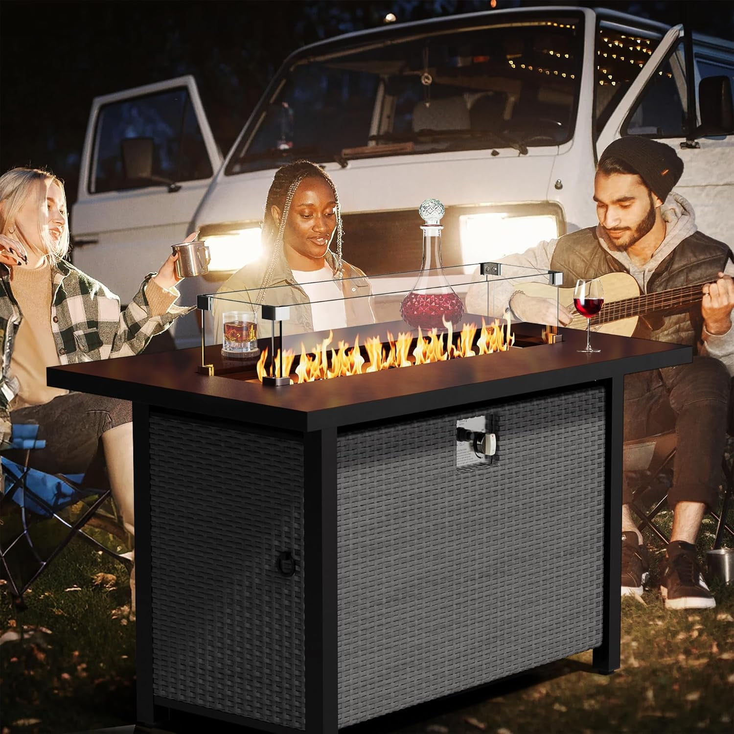 SUNCROWN Outdoor Fire Pit Table, 45in 50,000 BTU Wicker Patio Propane Gas Fire Pit with Glass Wind Guard, Aluminum Tabletop, Firepit Lid, Blue Clear Glass Rocks and Waterproof Cover, Grey