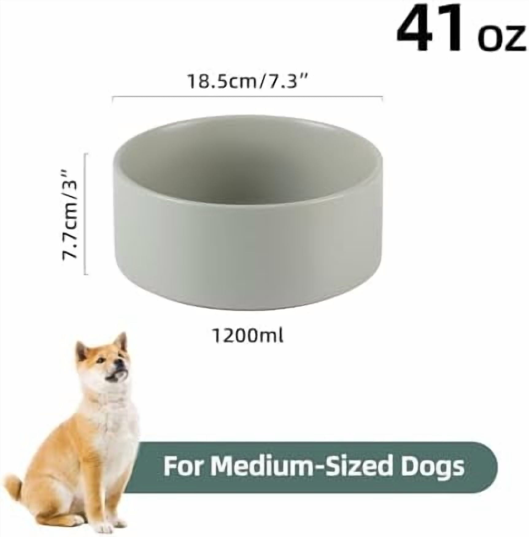 Ceramic Dog Bowl, Food and Water Bowl for Medium Breed Dog, Pet Bowl for Replacement (7.3 inch, Single Bowl, Grey)