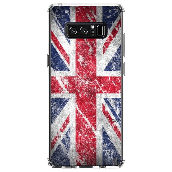 DistinctInk Clear Shockproof Hybrid Case for Samsung Galaxy Note 8 - TPU Bumper, Acrylic Back, Tempered Glass Screen Protector - Red White Blue British Flag Weathered - the UK