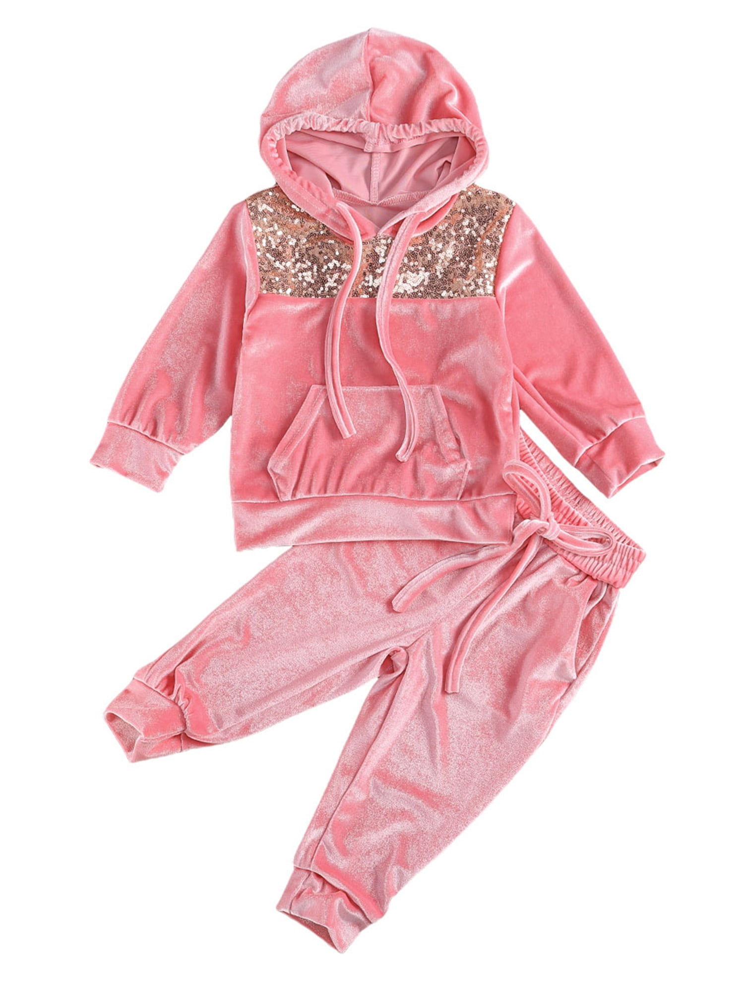1-6Years Toddler Kids 2Pcs Velvet Hooded Tracksuit Top Sweatpants Outfits Set Sequins-Black,2-3T
