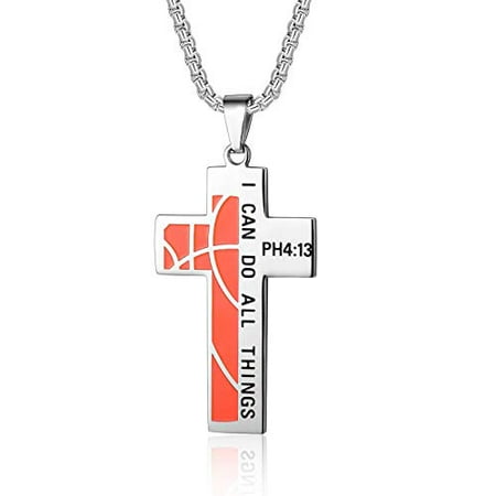 

Basketball Cross Necklace for Boys Bible Verse I CAN DO All Things Stainless Steel Sport Pendant for Men