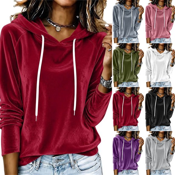 Ihhxva Women's Velvet Hoodie Loose Fit Drawstring Top Casual Long Sleeve Soft Cozy Sweatshirt for Fall Winter Lounge Streetwear S-2XL