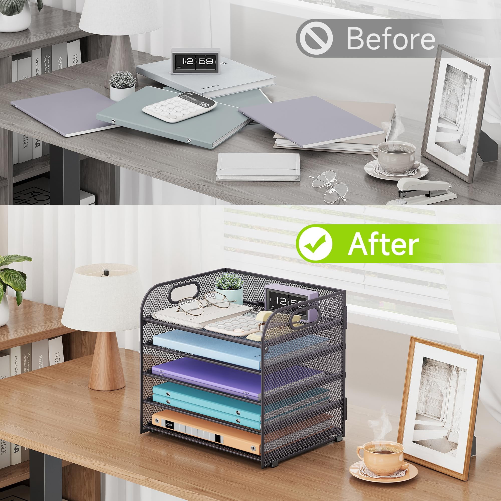5 Tier Paper Organizer With Handle  Grey Metal Mesh Desk File Folder Letter Tray Desktop Document Sorter For Classroom School Office Accessories Organization And Storage