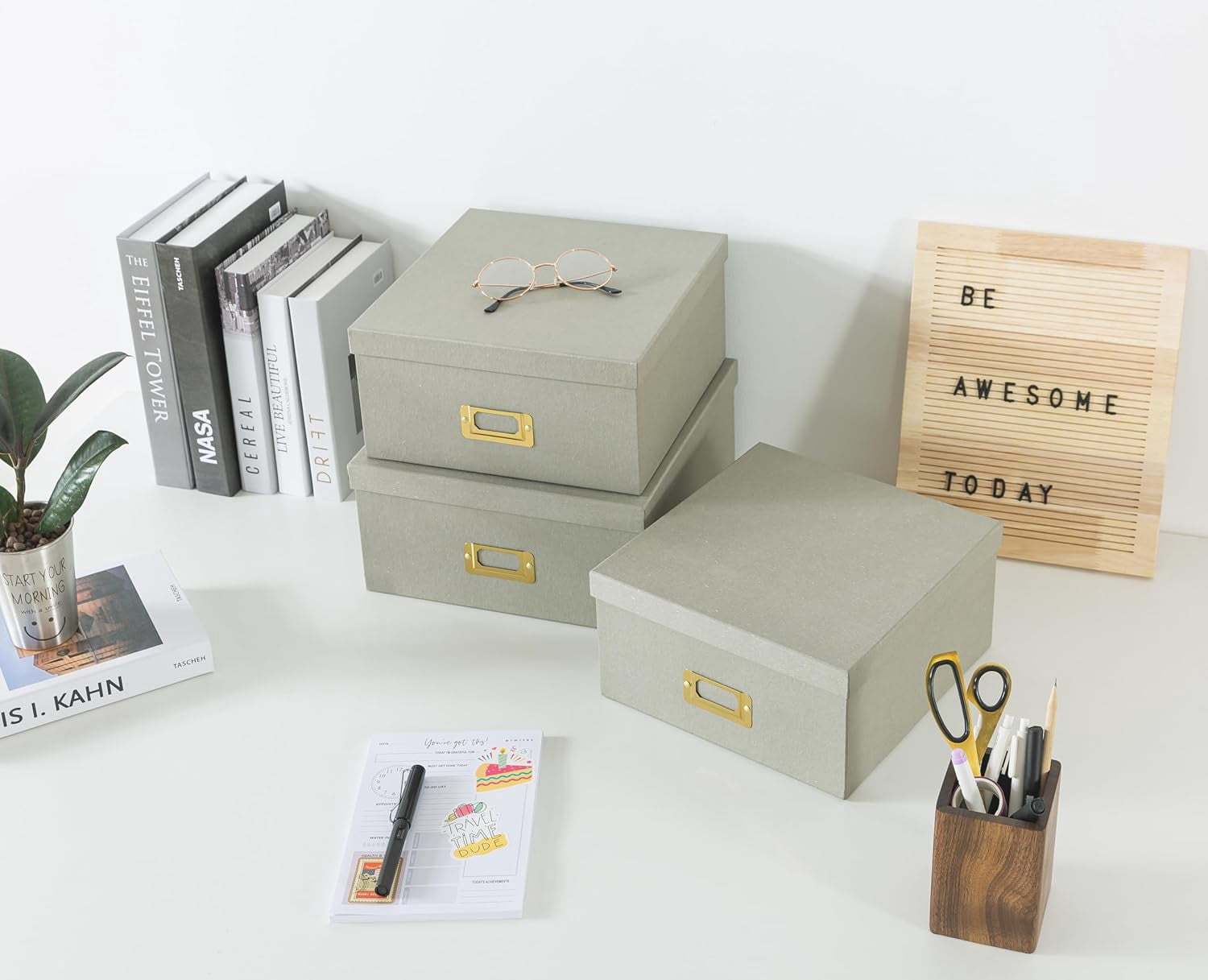 Square Stacking Boxes with Lids and Gold Label Holders, Decorative Photo Storage, Nesting Cardboard Set for Decor and Organizing