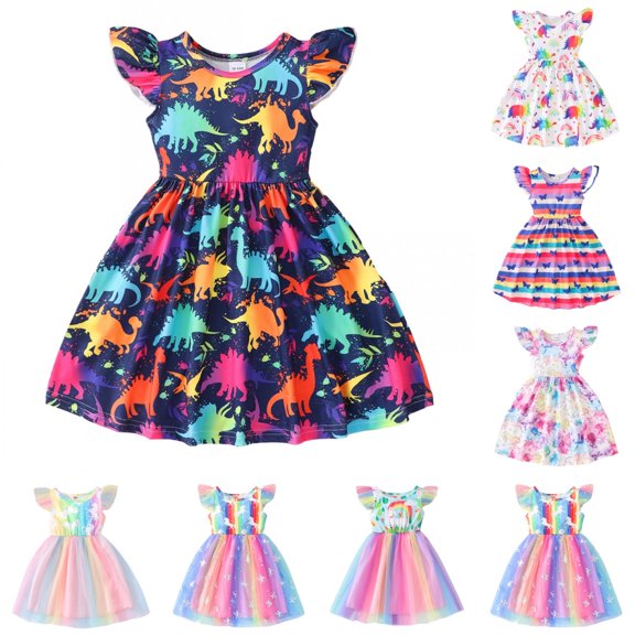Uccdo 1-8T Toddler Girls Casual Pleated Dresses, Little Girls Summer Cartoon Beach Sundress Fly Sleeve A-Line Dress