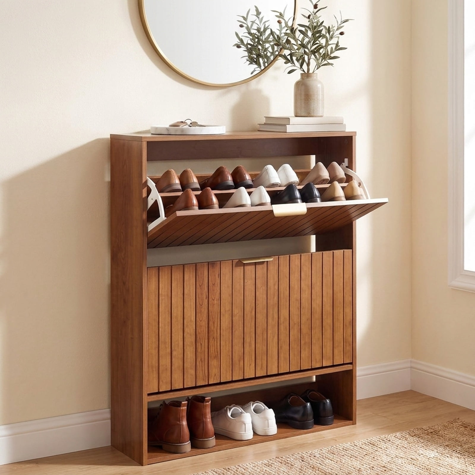 Furnibear Fluted Hidden Shoe Cabinet with 2 Flip Drawers and Open Storage for Narrow Entryway Hallway and Foyer Spaces, Walnut