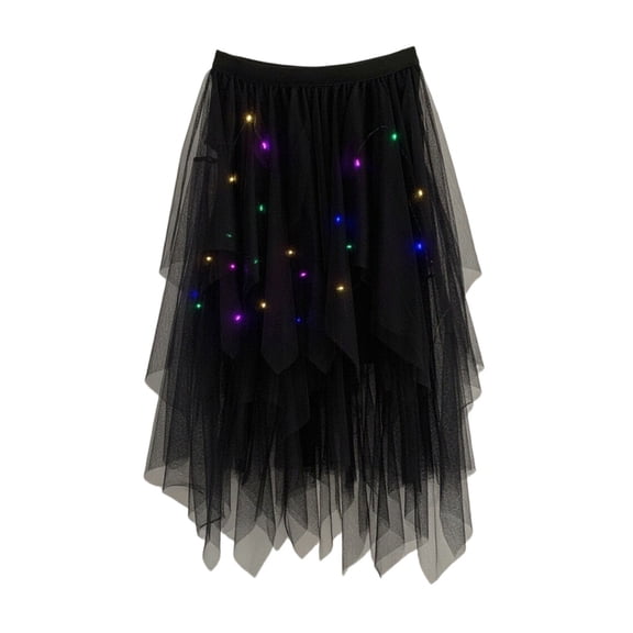 DHFJKG Women Tutus LED Light Up Midi Skirt High Waisted Mesh Layered Irregular Hem Lightweight Flowy Skirts Rave Party Dance Trendy Skirt