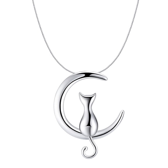 Cat on Moon Necklace for Women Kitty Pendant and Chain 14kt White Gold Plated Ginger Lyne Collection