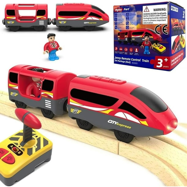 HYPERLIVING Accesorios para Trenes de Madera, Tren Locomotora Que Funciona con Baterías, Tren con Control Remoto para Juego de Vías, Vehículos de Tracción con Motor Potente, Adecuado para Todos los