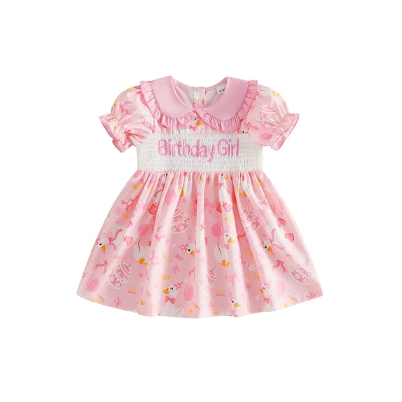 BemeyourBBs Toddler Baby Girl Birthday Dress 1 2 3 4 5 Years Old Birthday Outfit Cute Goose Cake Short Sleeve Doll Collar A-line Dresses Spring Summer Smocked Dress Clothes