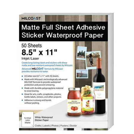 Milcoast Matte Full Sheet 8.5 x 11” Adhesive Tear Resistant Waterproof Photo Craft Paper - For Inkjet / Laser Printers - For Stickers, Labels, Scrapbooks, Bottles, Arts, Crafts (50