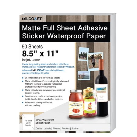 Water Resistant Bond Paper - Milcoast Matte Full Sheet 8.5 x 11” Adhesive Tear Resistant Waterproof Photo Craft Paper – For Inkjet / Laser Printers – For Stickers, Labels, Scrapbooks, Bottles, Arts, Crafts