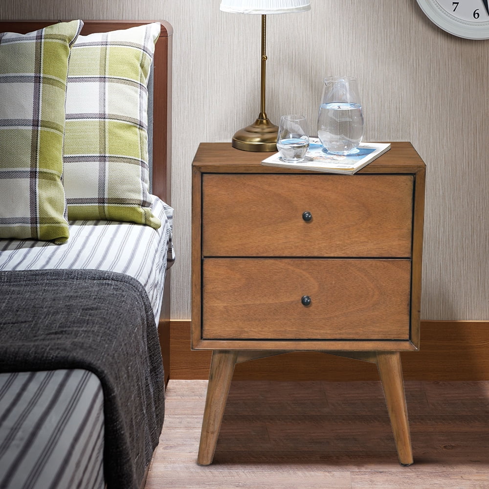 Alpine Furniture Flynn Mid Century 2 Drawer Wood Nightstand in Chestnut
