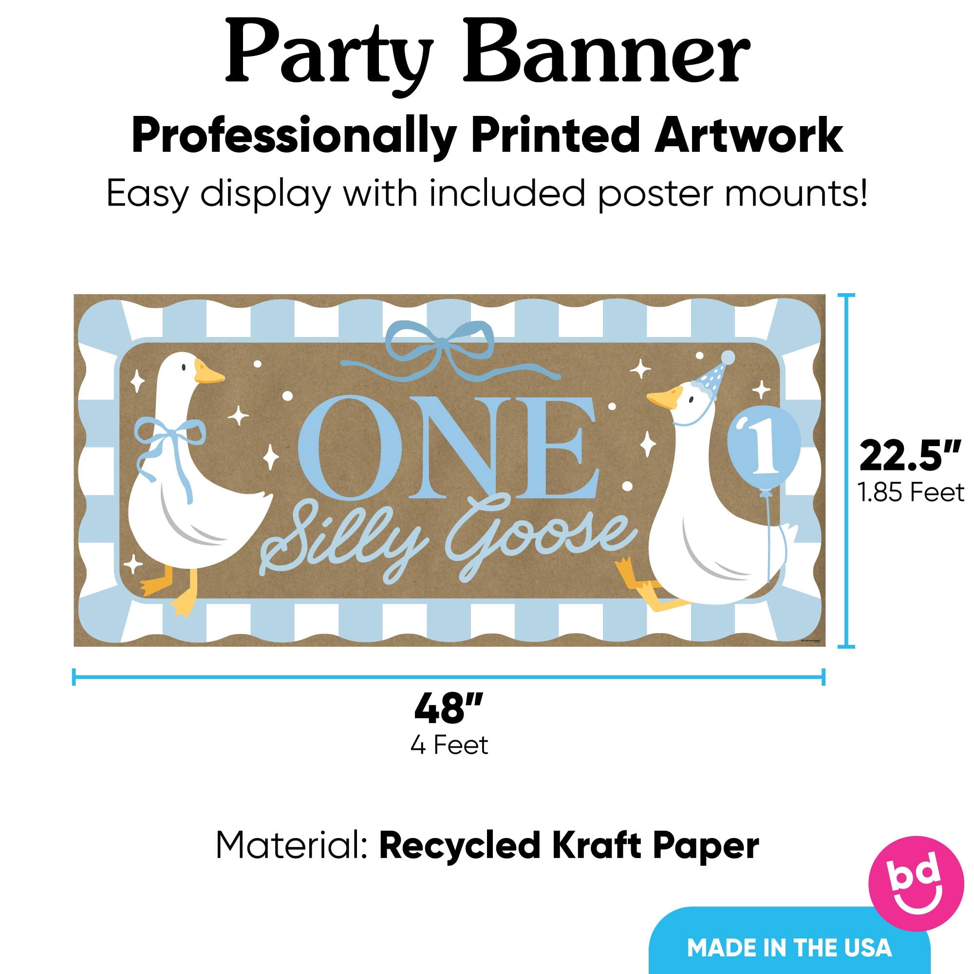 Big Dot of Happiness One Silly Goose Blue Kraft Paper Banner, Boy 1st Birthday Party Banner, Printed Brown Paper Party Sign Decoration – 1 Count