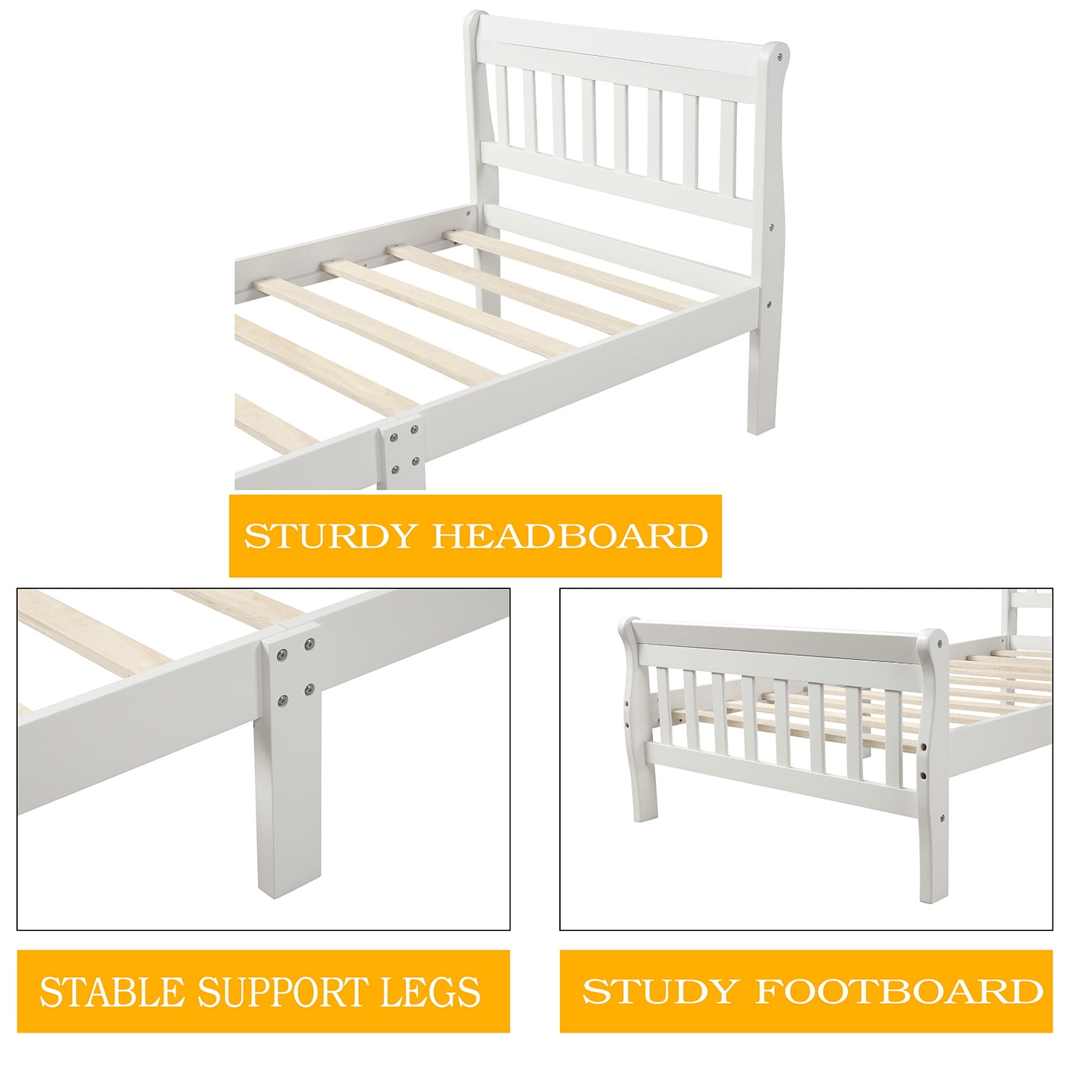 Lowestbest Wood Platform Beds with Headboard/Footboard/Wood Slat Support, Twin Bed Frame Panel Bed Mattress Foundation Sleigh Bed, White