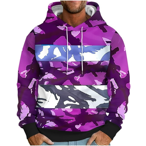 Mens Oversized Pockets Hoodies Camo Pattern Print Sweatshirt Casual Loose Long Sleeve Pullover Top with Hood (Multicolor 2XL)