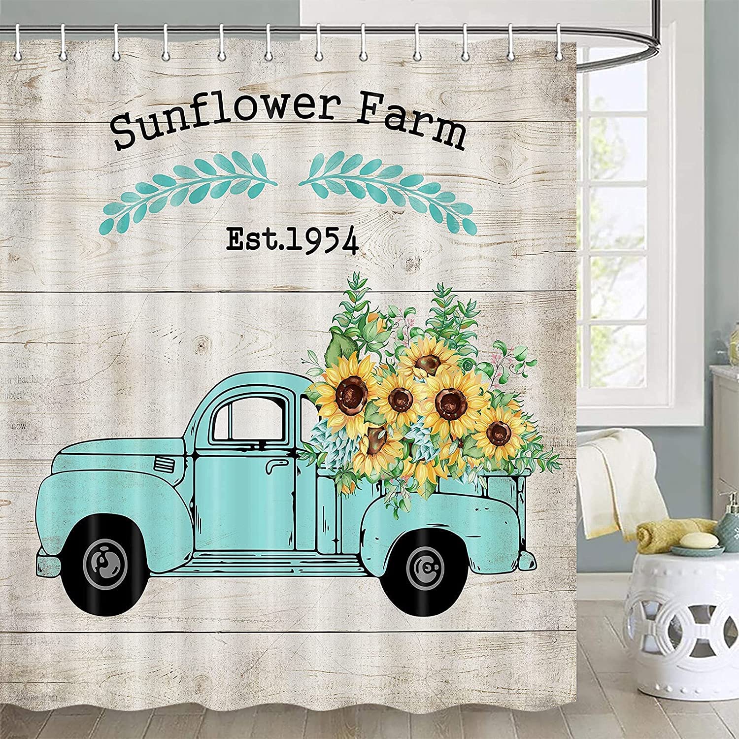 Rustic Farmhouse Shower Curtain, Country Farm Style Sunflower Shower