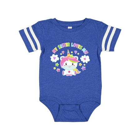

Inktastic My Sister Loves Me with Cute Rainbow Unicorn Gift Baby Boy or Baby Girl Bodysuit