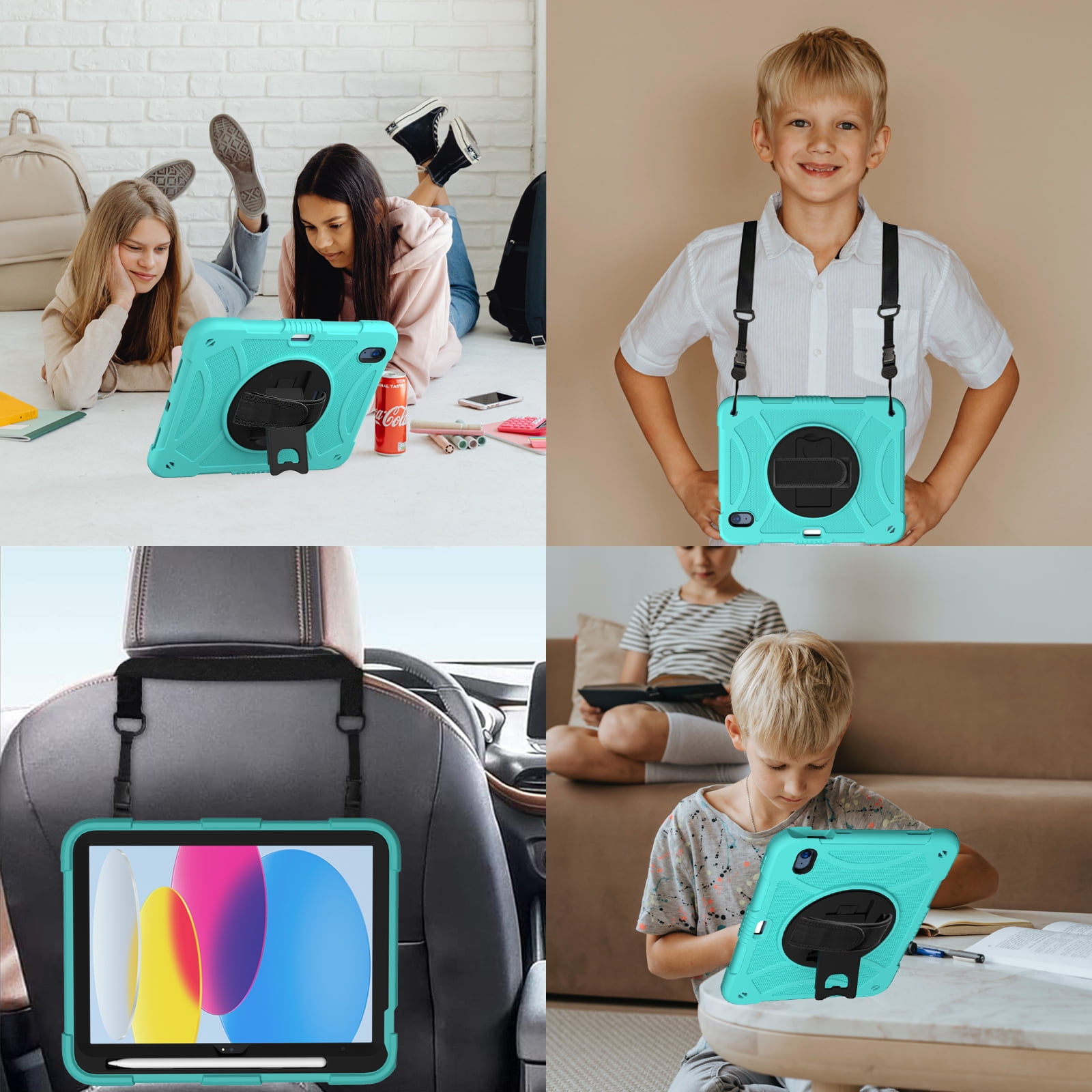 kids Case for iPad (A16) 11th Generation 11 Inch (2025), iPad 10th Generation 10.9 Inch (2022) Case, Military Grade Drop Protection with Hand/Shoulder Strap Rotating Stand Pencil Holder, Mint