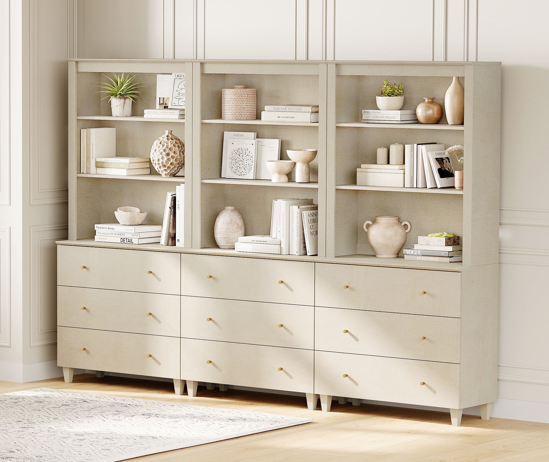 WAMPAT Modern 71" Tall Bookcase with 9 Drawers, 3 Columns 3-Tier,Beige