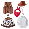thumbnail image 2 of Cowboy Girls 5 Piece Outfit Long Sleeve Shirt Sleeveless Cardigan Vest with Denim Skirt Hat Western Kids Clothes Set Brick Red Size 3-4 Y, 2 of 8