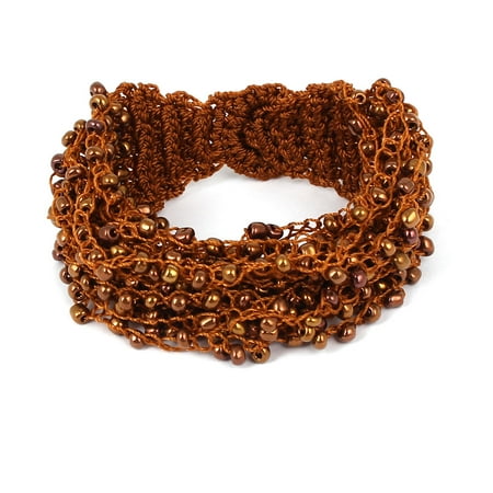 - Ladies Nylon Plastic Beaded Inlaid Copper Cash Button Bracelet Wristlet Brown