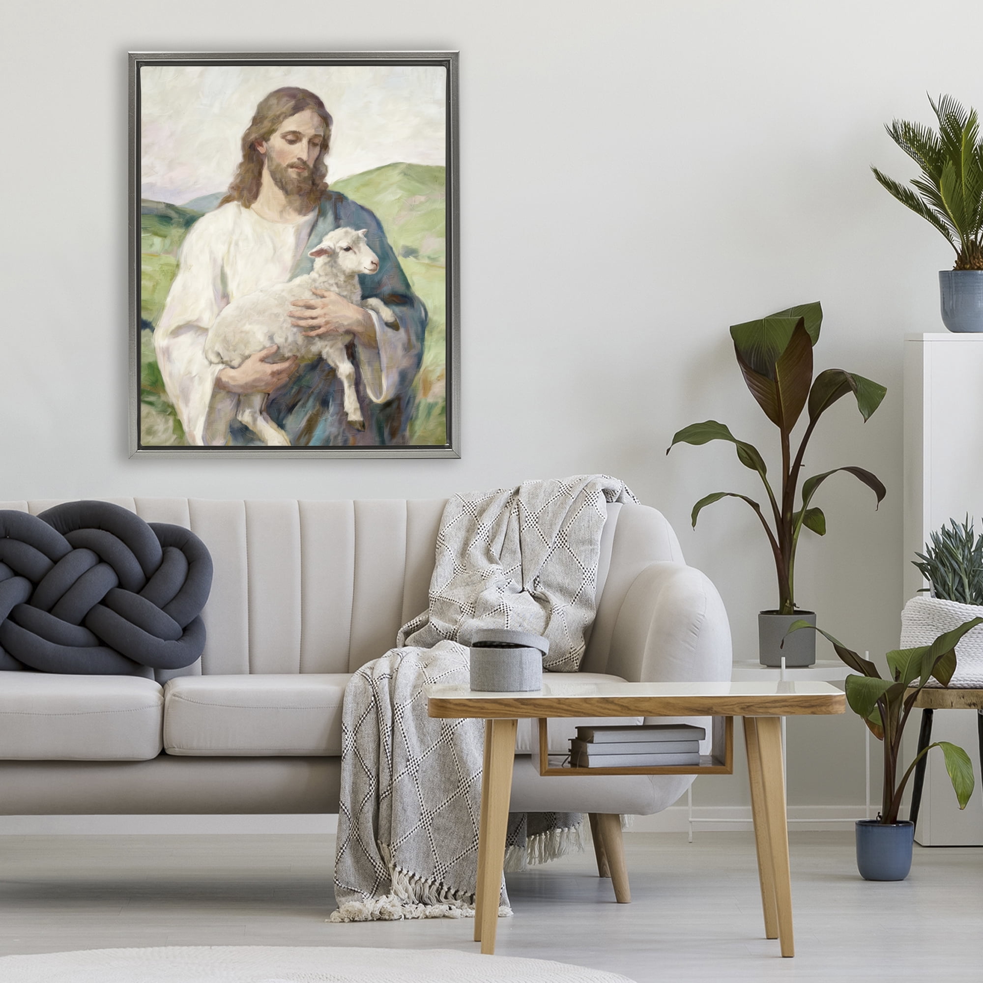 Stupell Industries Little Lamb & Spiritual Figure Gray Framed Floater Canvas Wall Art, design by Kim Allen