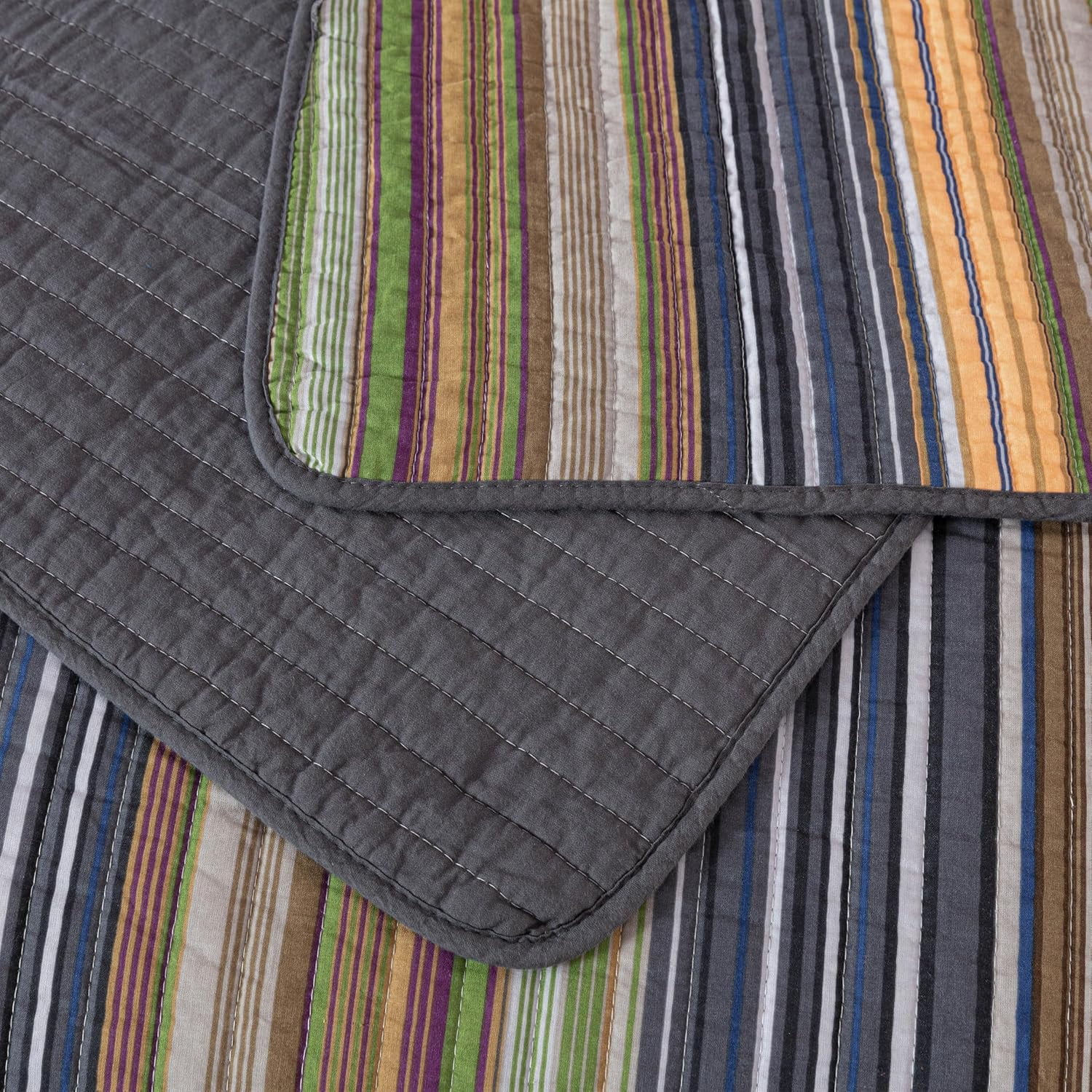 Chezmoi Collection Avery Striped Cotton Quilt Set Queen Size, 3-Piece Soft Pre-Washed 100% Cotton Quilt, Multi-Color Green