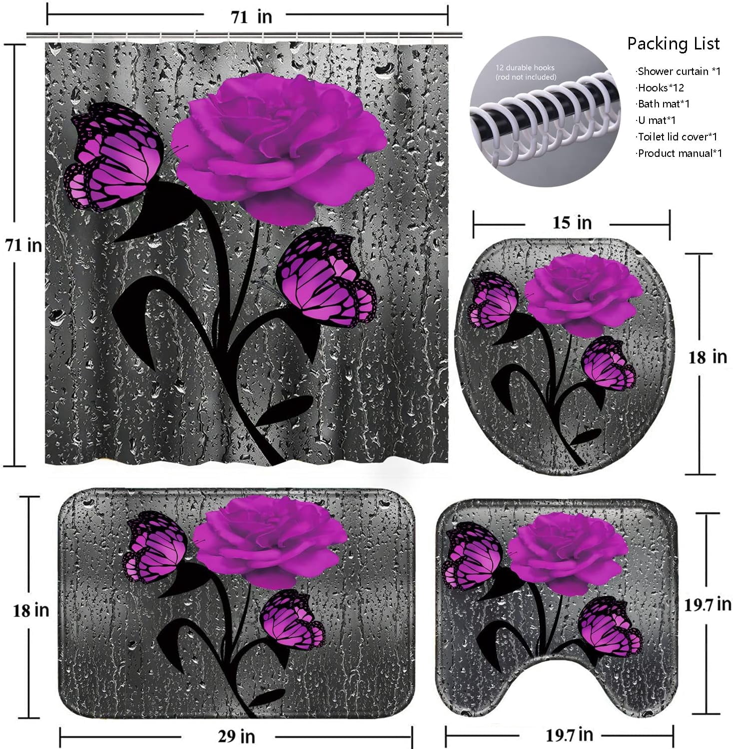 4 Pcs Bathroom Set,Orange Rose Shower Curtain Sets, Romantic Shower Curtain Sets with Rugs(Bath Mat,U Shape and Toilet Lid Cover Mat) and 12 Hooks