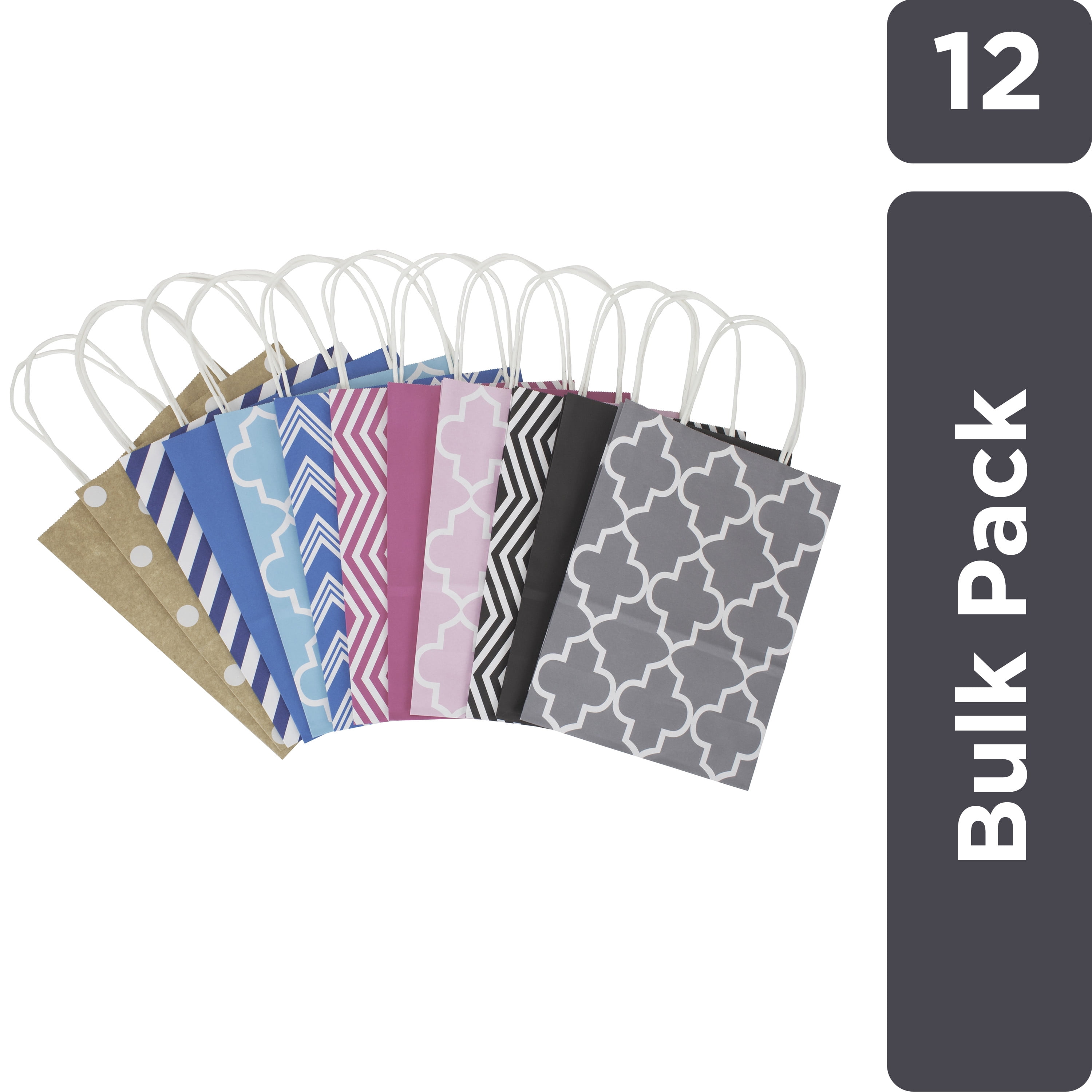 Hallmark 10' Medium Gift Bag Assortment, Pack of 12 in Kraft, Grey, Black, Pink, Blue - Solids and Patterns for Birthdays, Baby Showers, Bridal Showers or Any Occasion