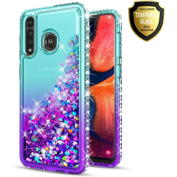 Motorola Moto G Power 2020 Phone Case, with [Tempered Glass Protector Included] Liquid Floating Glitter Quicksand Bling with Spot Diamond Cover - Teal/Purple