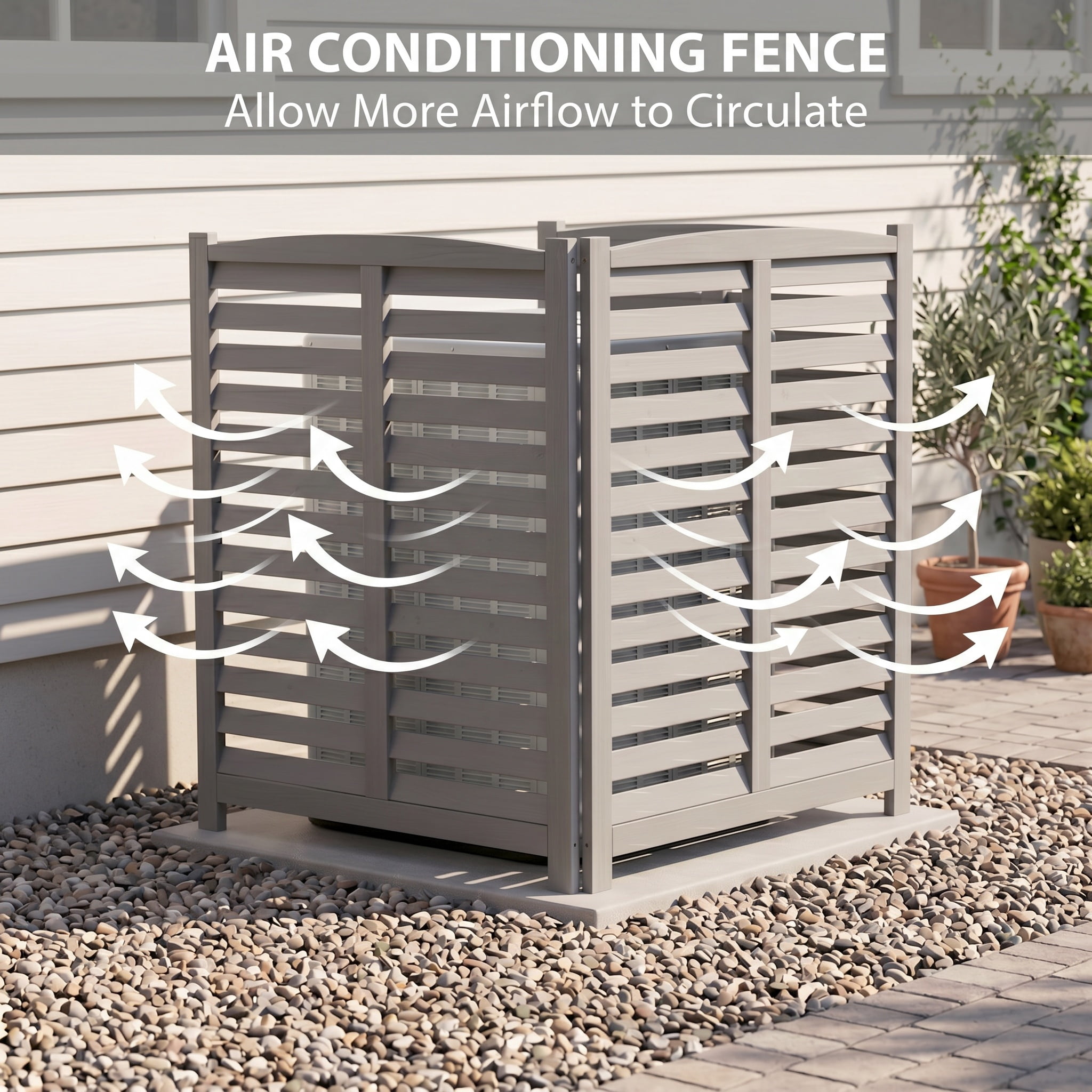 Outdoor Wood Privacy Fence 3-Panel 32W x 38H, Solid Wood Air Conditioner Screen with Slat Spacing for AC Unit Trash Can Pool Pump Enclosure, Gray