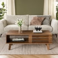 thumbnail image 3 of FURNIWAY Coffee Table, Mid-Century Modern Table with Open Storage Shelf, Fluted Wood Coffee Table for Living Room, Walnut, 3 of 7