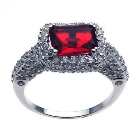 Sterling Silver 925 Rhodium Plated Red Center Pave Halo Clear CZ Ring Jewelry Female Size 6