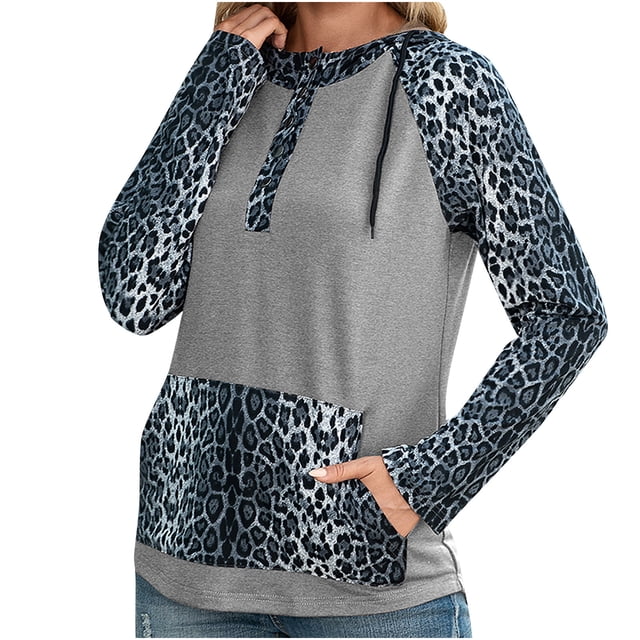 Pompotops Women's Leopard Stitched Button Hooded Large Pocket Long Sleeve Sweatshirts