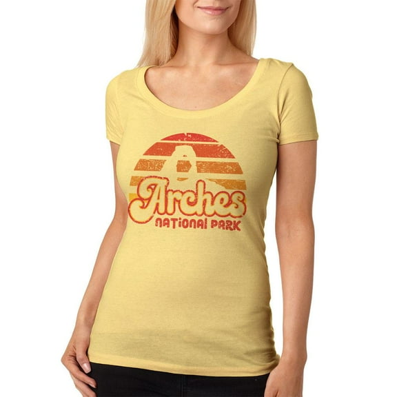 National Park Retro 70s Sunset Arches Womens Soft Scoop T Shirt Yellow Haze MD