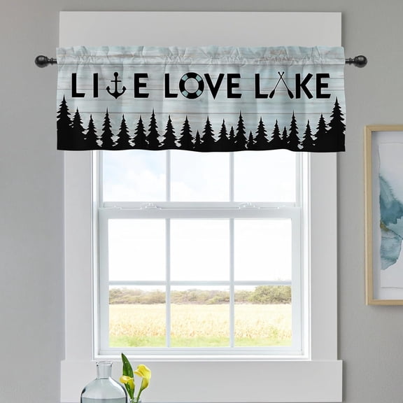 Lake House Live Love Lake Kitchen Curtains Valance for Windows, Blue Farmhouse Forest Tree Wooden Short Half Topper Rod Pocket, Seasonal Rustic Home Living Room Bedroom Lakehouse Decor 54" x 18"