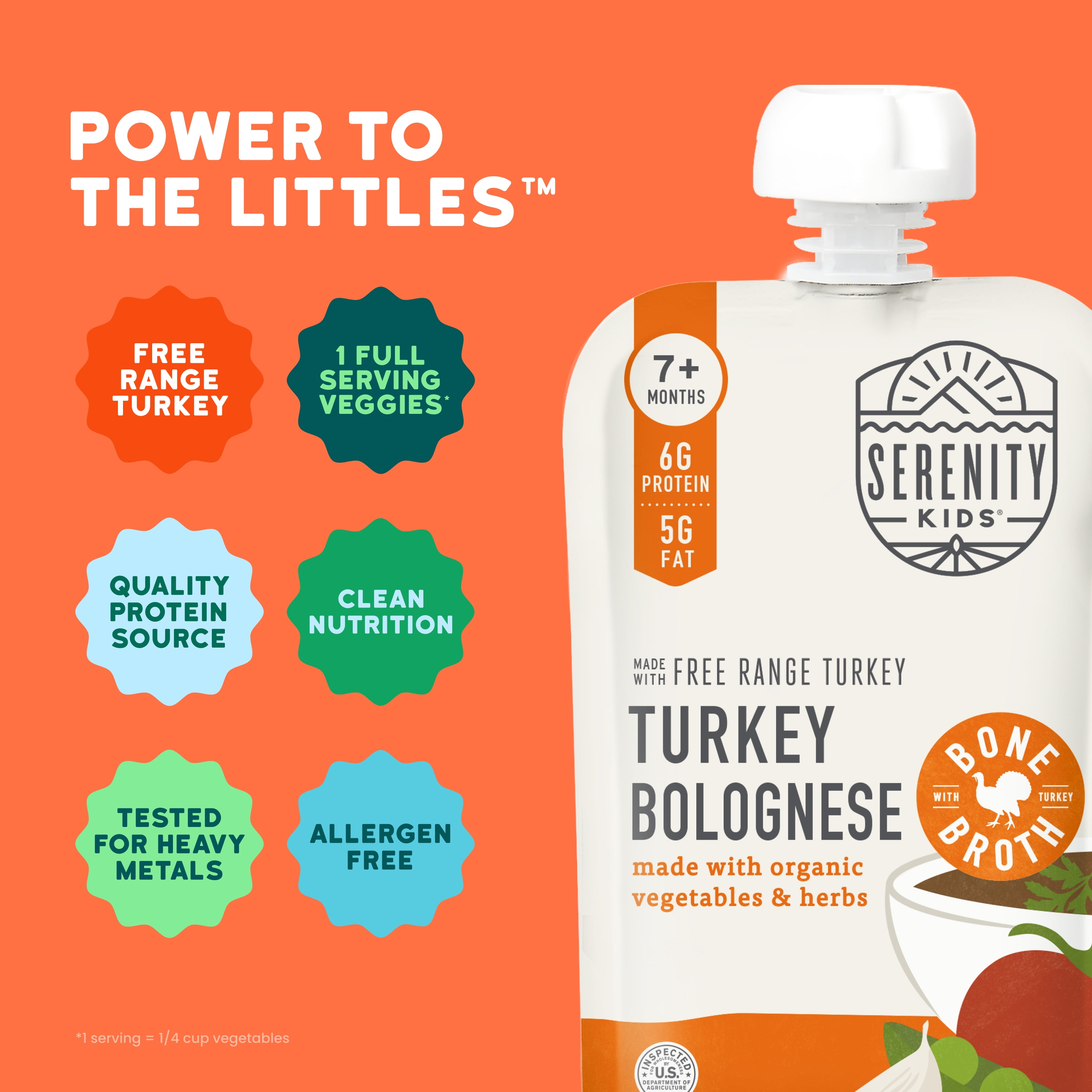 (12 pack) Serenity Kids Free Range Turkey Bolognese with Organic Vegetables, Herbs & Bone Broth Baby Food Pouch 3.5oz