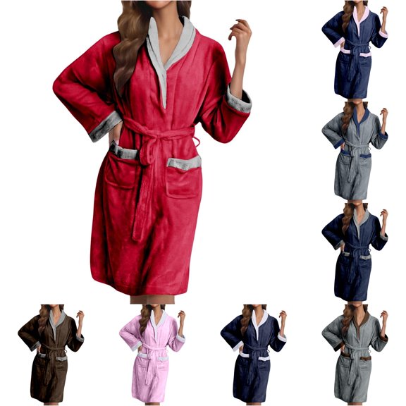 Xijirk Women Bath Shawl Collar Contrast Tie Belt with Side Pockets for Shower Bath and Home Loungewear,,L