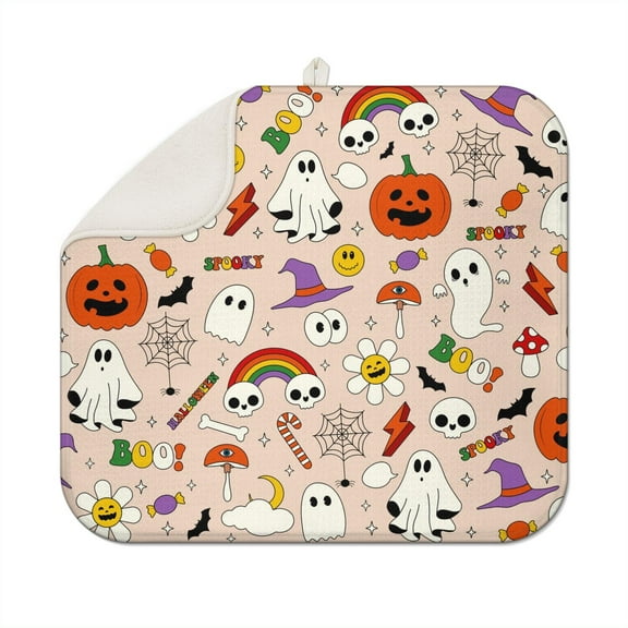 Halloween Dish Drying Mat for Kitchen Counter Pumpkin Spooky Ghosts Fall Dish Mat Absorbent Microfiber Reversible Dish Draining Mat Medium Dishes Pad 16 X 18 Inch