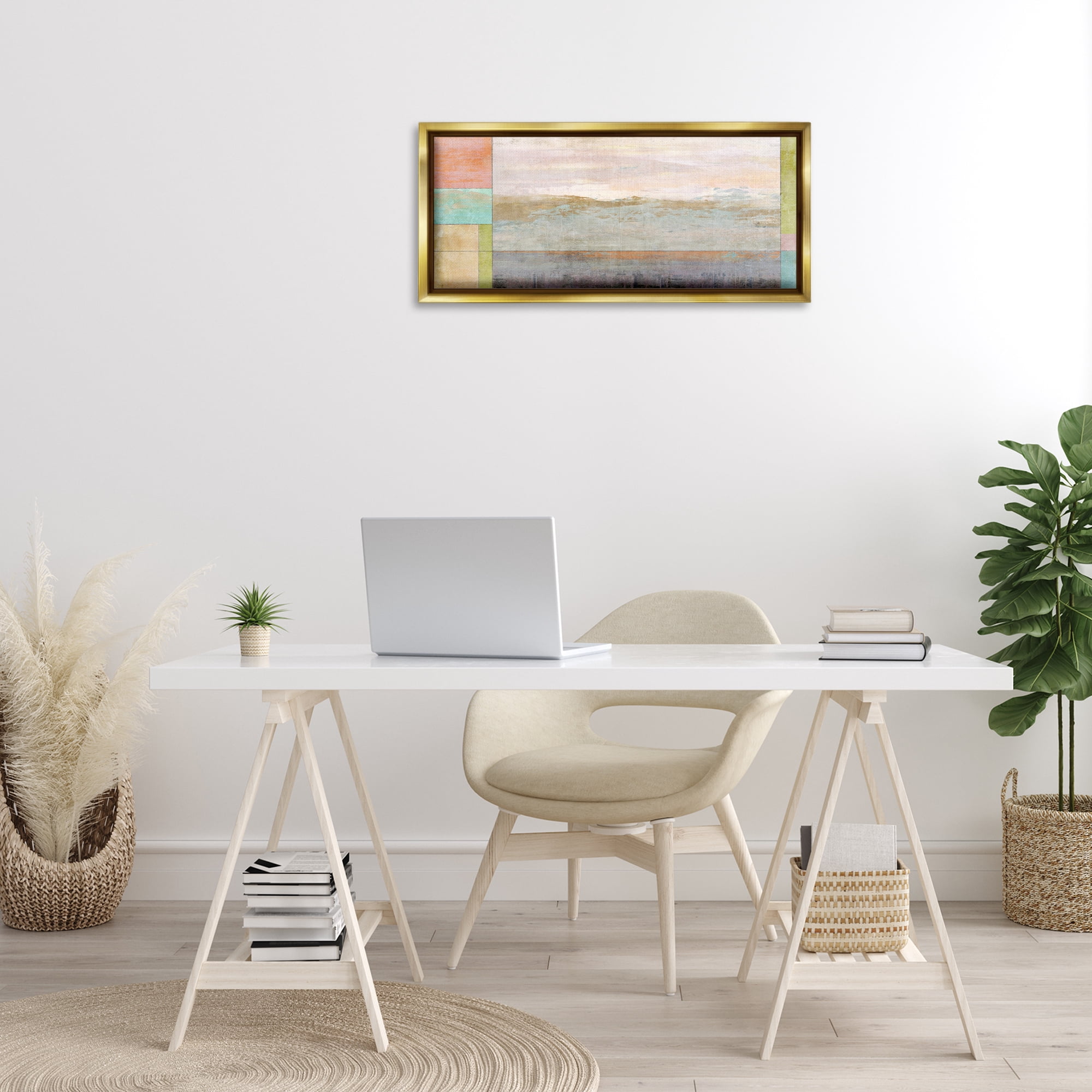Stupell Industries Landscape & Geometric Border Landscape Painting Gold Floater Framed Canvas Art Print Wall Art, 31 x 14