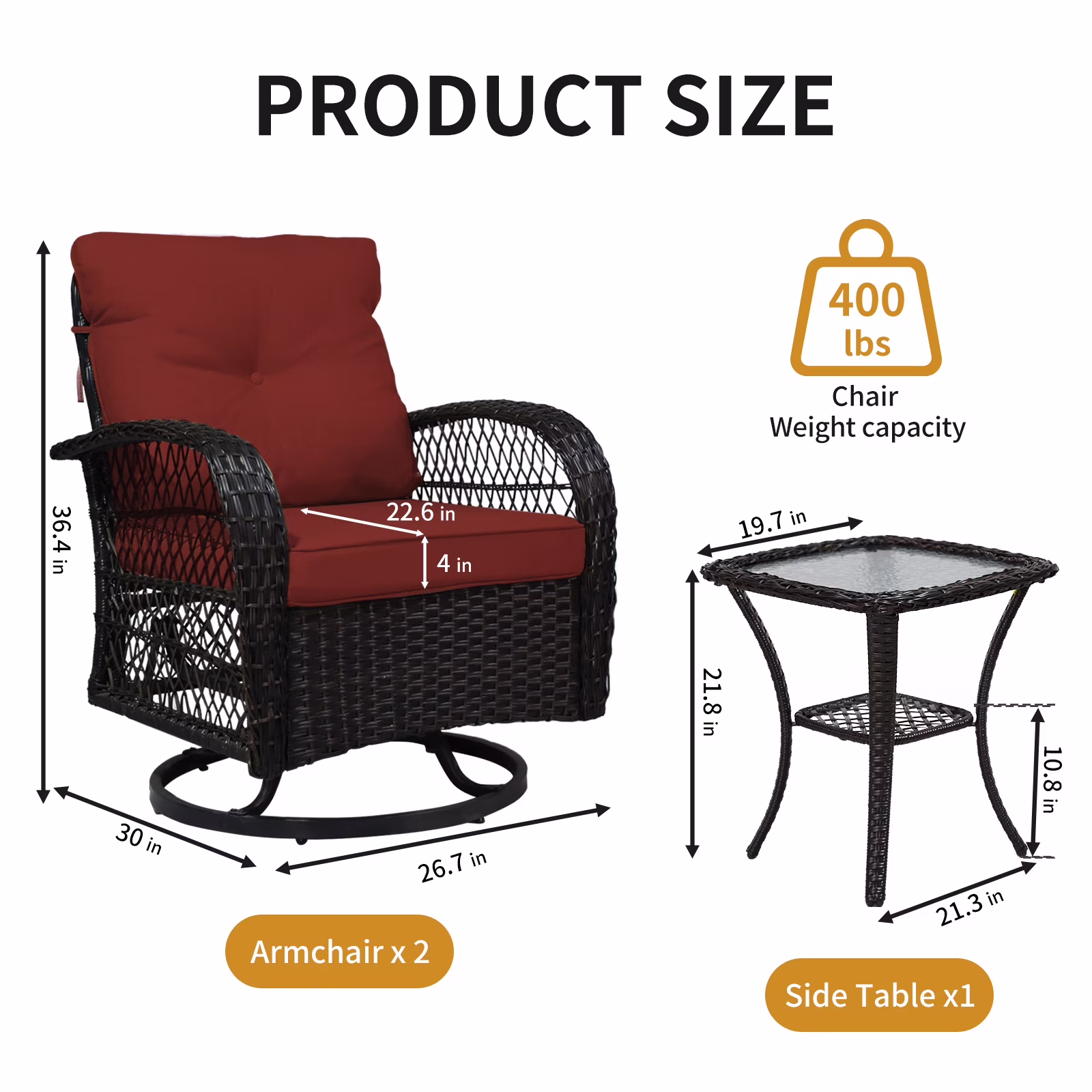 thumbnail image 2 of 3 Piece Outdoor Swivel Rocker Chairs, Swivel Glider Patio Chairs, Heavy Duty Patio Chairs 400 lbs with Side Table, Red, 2 of 12
