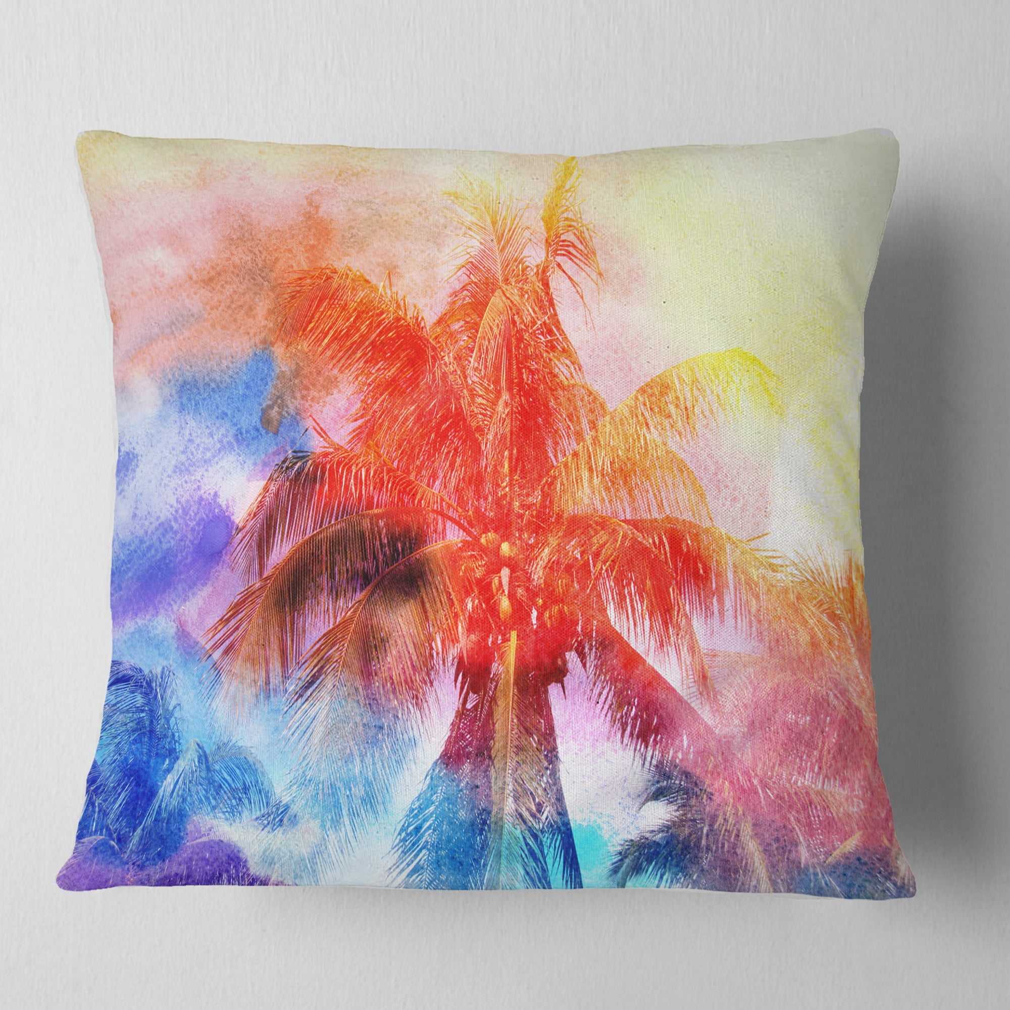 Designart Retro Palms Red Watercolor - Trees Painting Throw Pillow - 16x16
