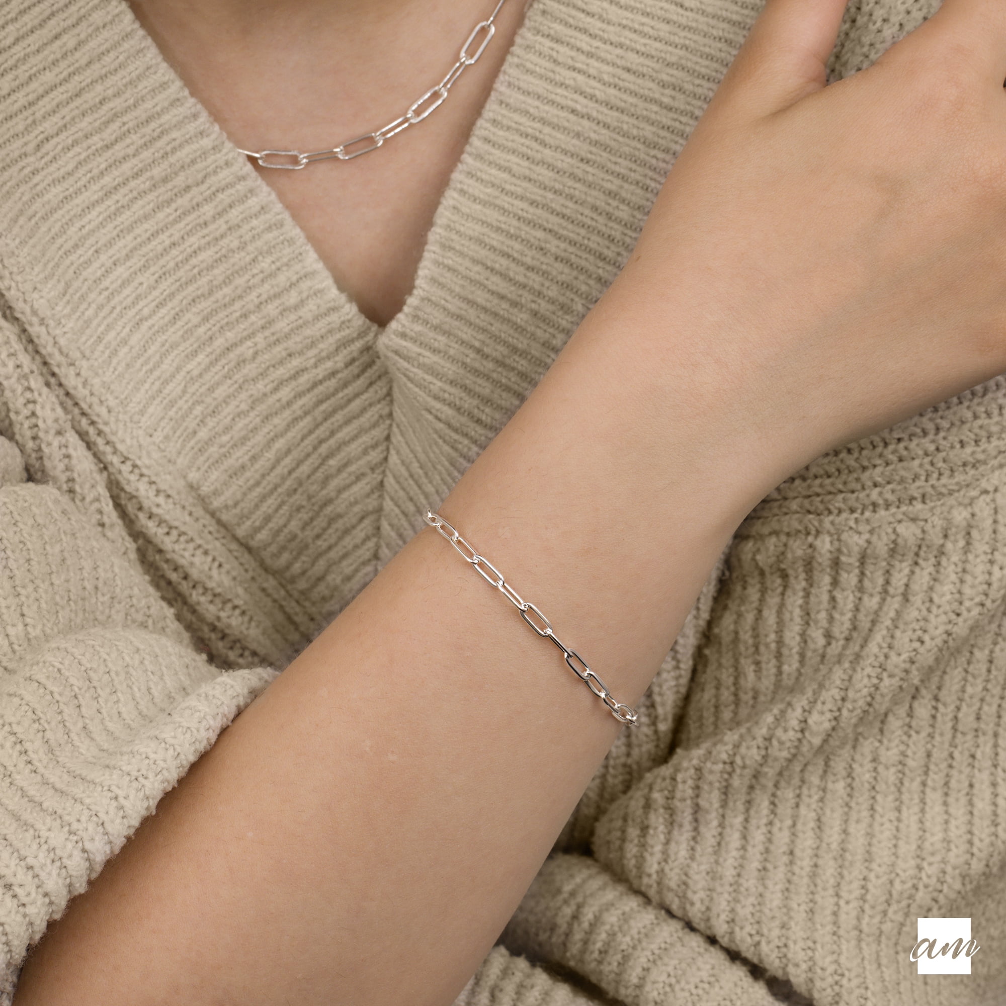 Amberta Solid 925 Sterling Silver Paperclip Bracelet for Women Men | Italian Paperclip Link Chain Bracelet | Silver Link Charm Bracelet: 7 inch Chain Link Silver Bracelet 3.6 mm