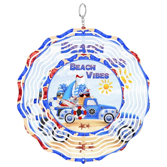 Beach Vibes Gnome Blue Truck 3D Wind Spinner Summer Coastal Metal Yard Decor
