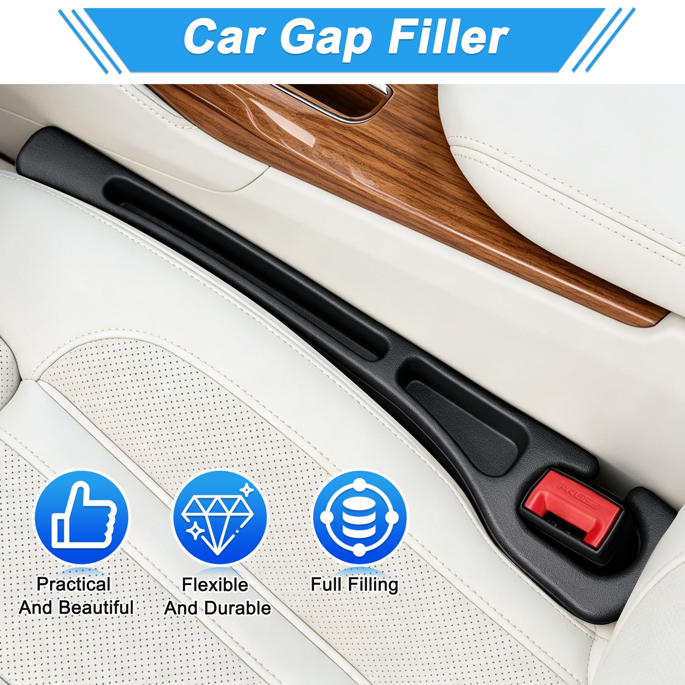 2 Pack Car Seat Gap Filler with Seat Belt Cutout, Universal Car Gap Plug Stopper, Anti-Drop Car Seat Crevice Blocker for Cell Phone Keys Coins Fit Car SUV Truck