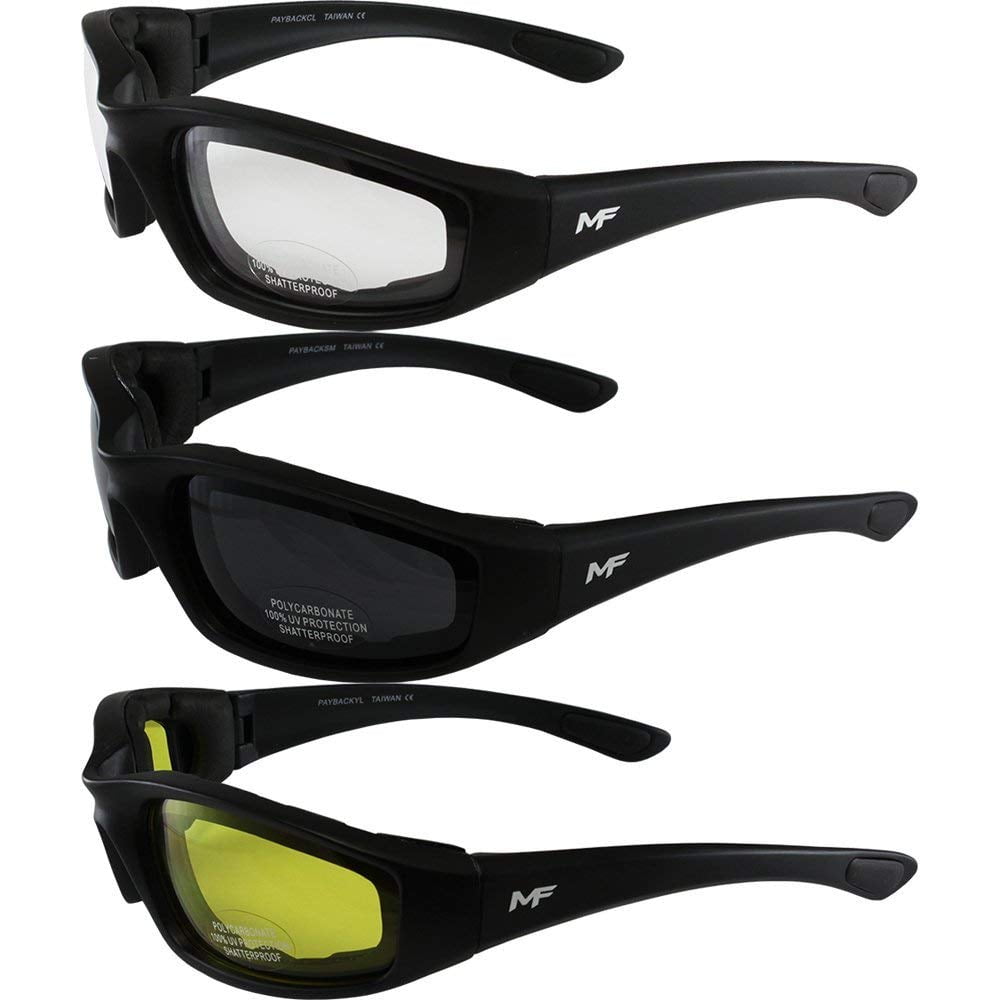 3 PAIRS PADDED MOTORCYCLE RIDING GLASSES DAY NIGHT SMOKED CLEAR